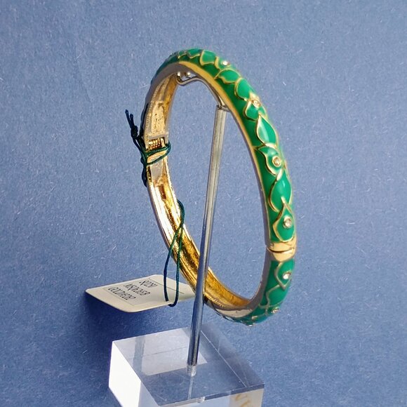 Vine Leaf Pattern Turquoise Enamel Hinge Bangle Skinny Bracelet Exquisite Casual - Picture 5 of 5